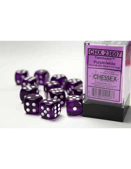 Chessex 16mm d6 with pips Dice Blocks (12 Dice) - Translucent Purple w/white