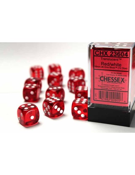 Chessex 16mm d6 with pips Dice Blocks (12 Dice) - Translucent Red w/white