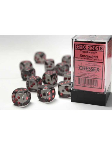 Chessex 16mm d6 Dice Blocks with Pips (12 Dados) - Translucent Smoke w/red