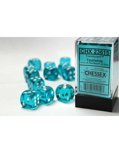 Chessex 16mm d6 Dice Blocks with Pips (12 Dados) - Translucent Teal w/white