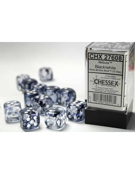 Chessex 16mm d6 with pips Dice Blocks (12 Dice) - Nebula Black w/white