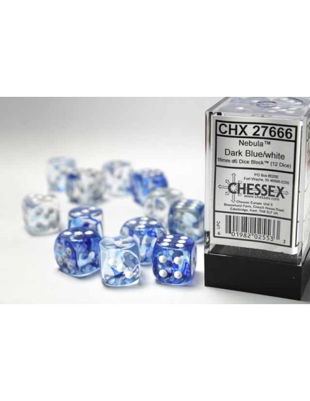 Chessex 16mm d6 with pips Dice Blocks (12 Dice) - Nebula Dark Blue w/white