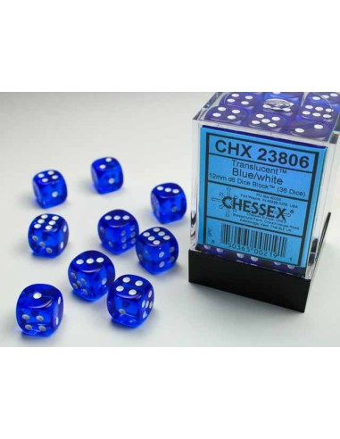 Chessex Translucent 12mm d6 Dice Blocks with Pips (36 Dice) - Blue/white