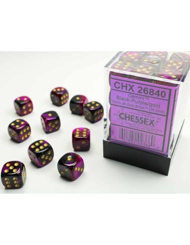 Chessex Gemini 12mm d6 Dice Blocks with Pips (36 Dados) - Black-Purple/gold