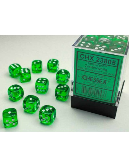 Chessex Translucent 12mm d6 Dice Blocks with Pips (36 Dados) - Green/white