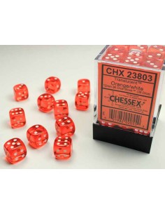 Chessex Translucent 12mm d6 Dice Blocks with Pips (36 Dados) - Orange/white