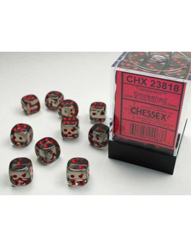 Chessex Translucent 12mm d6 Dice Blocks with Pips (36 Dice) - Smoke/red