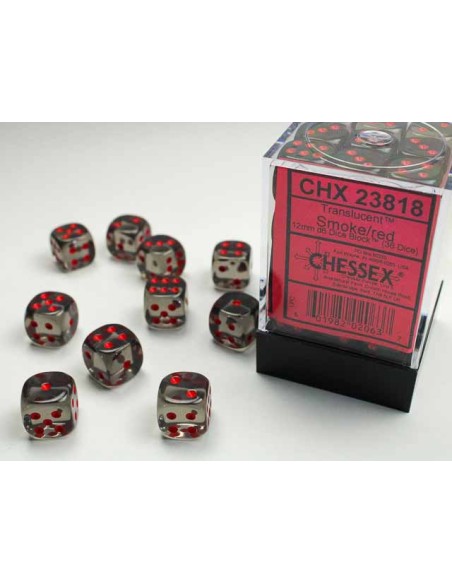 Chessex Translucent 12mm d6 Dice Blocks with Pips (36 Dados) - Smoke/red