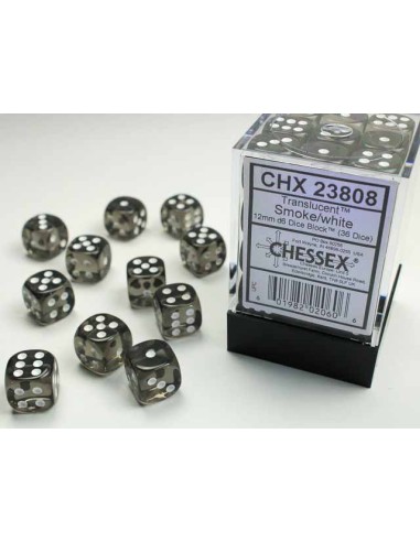 Chessex Translucent 12mm d6 Dice Blocks with Pips (36 Dados) - Smoke/white