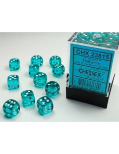 Chessex Translucent 12mm d6 Dice Blocks with Pips (36 Dados) - Teal/white