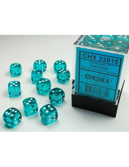 Chessex Translucent 12mm d6 Dice Blocks with Pips (36 Dados) - Teal/white