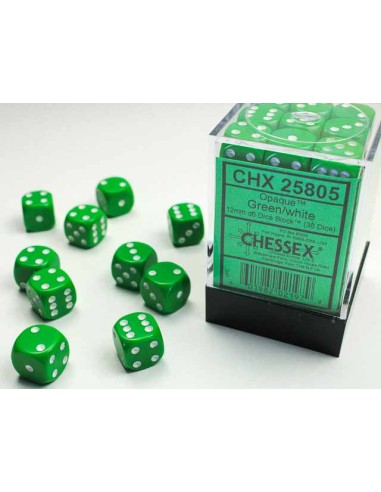 Chessex Opaque 12mm d6 Dice Blocks with Pips (36 Dice) - Green/white