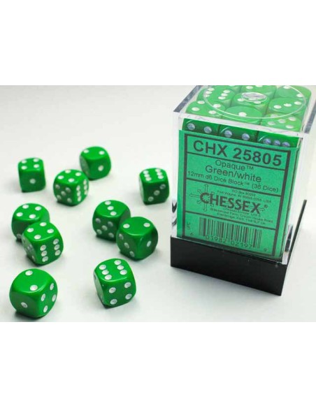 Chessex Opaque 12mm d6 Dice Blocks with Pips (36 Dados) - Green/white