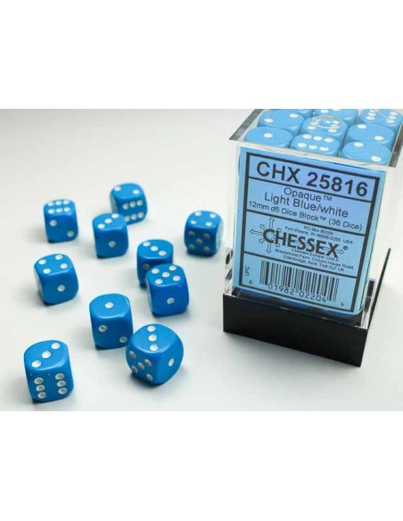 Chessex Opaque 12mm d6 Dice Blocks with Pips (36 Dados) - Light Blue/white