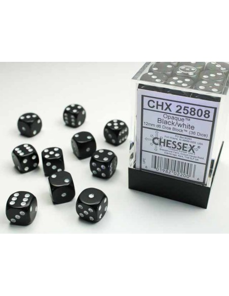 Chessex Opaque 12mm d6 Dice Blocks with Pips (36 Dice) - Black/white