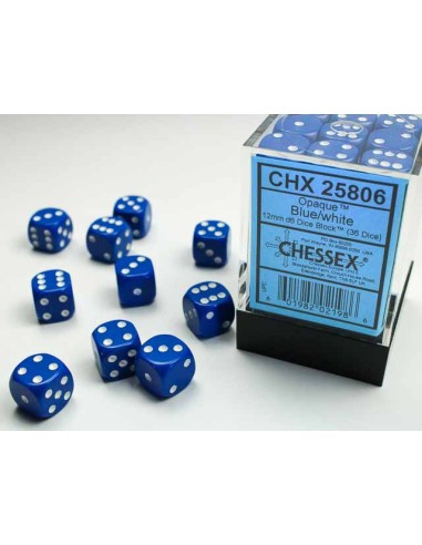 Chessex Opaque 12mm d6 Dice Blocks with Pips (36 Dice) - Blue/white