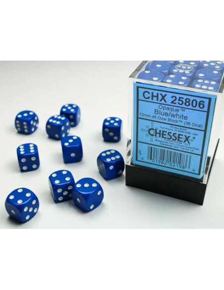 Chessex Opaque 12mm d6 Dice Blocks with Pips (36 Dados) - Blue/white