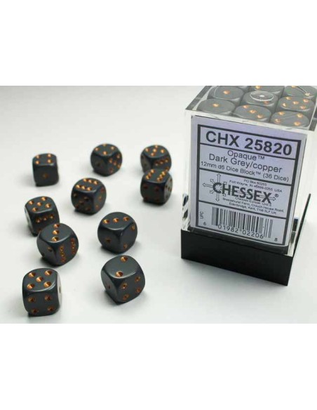 Chessex Opaque 12mm d6 Dice Blocks with Pips (36 Dice) - Dark Grey/copper