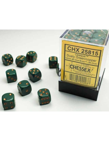 Chessex Opaque 12mm d6 Dice Blocks with Pips (36 Dice) - Green/copper