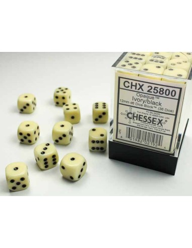 Chessex Opaque 12mm d6 Dice Blocks with Pips (36 Dice) - Ivory/black
