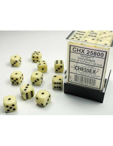 Chessex Opaque 12mm d6 Dice Blocks with Pips (36 Dice) - Ivory/black