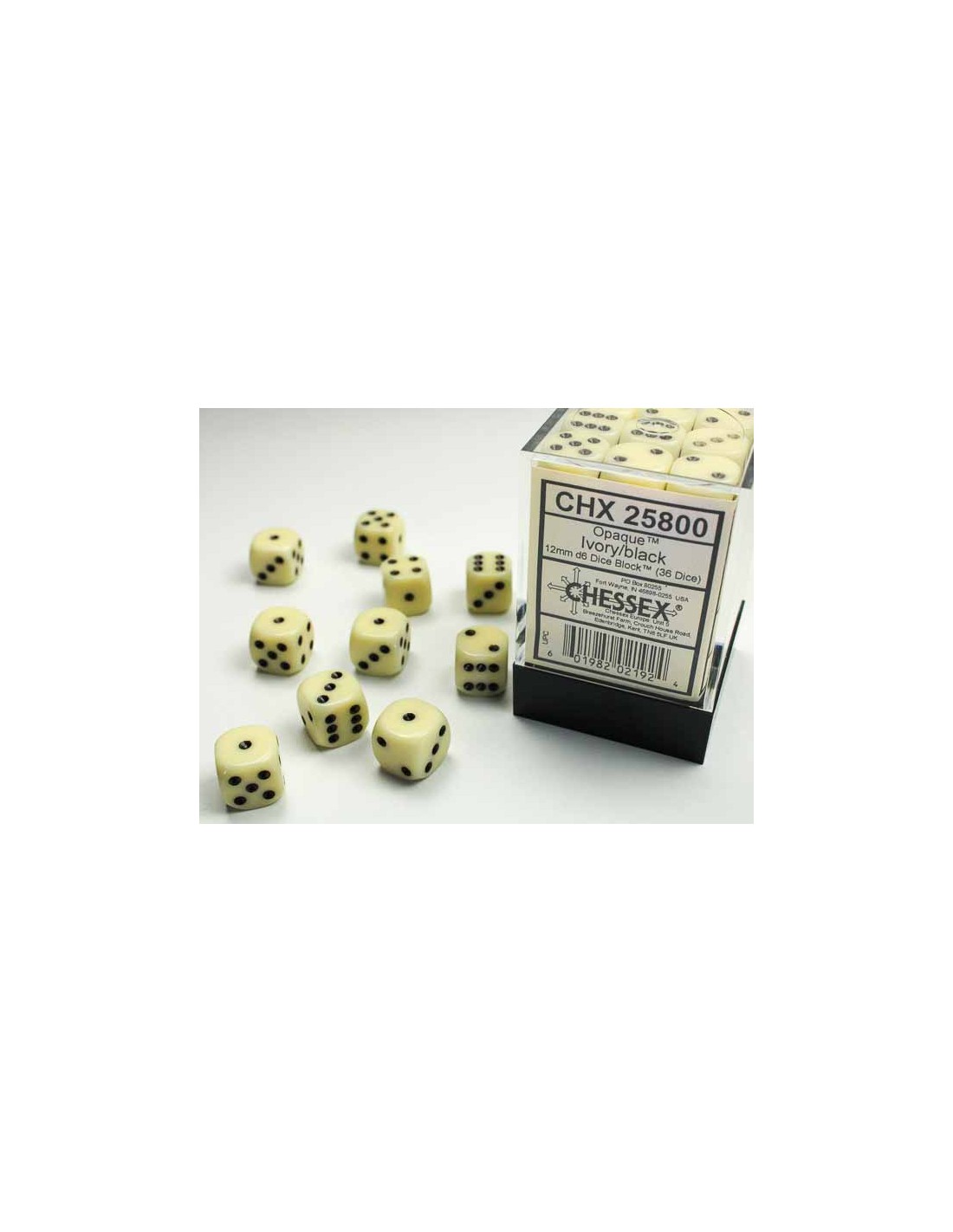 Chessex Opaque 12mm d6 Dice Blocks with Pips (36 Dice) - Ivory/black