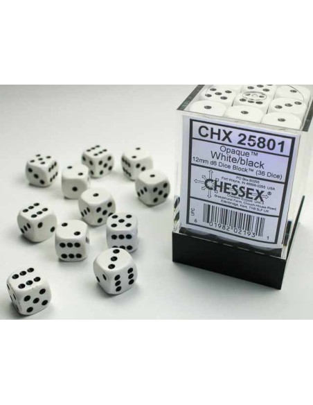 Chessex Opaque 12mm d6 Dice Blocks with Pips (36 Dados) - White/black