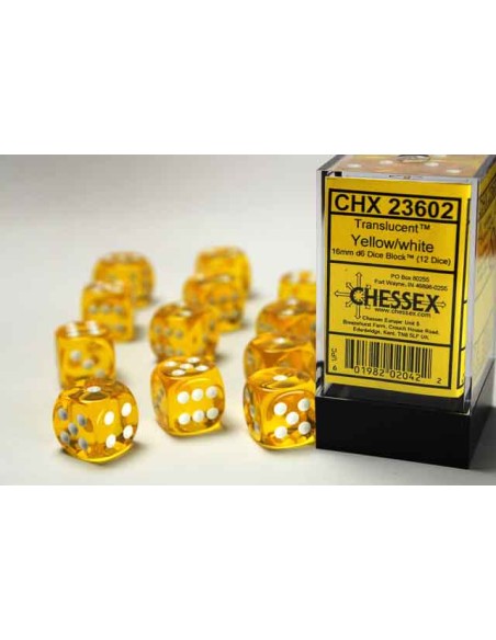 Chessex 16mm d6 with pips Dice Blocks (12 Dice) - Translucent Yellow/white