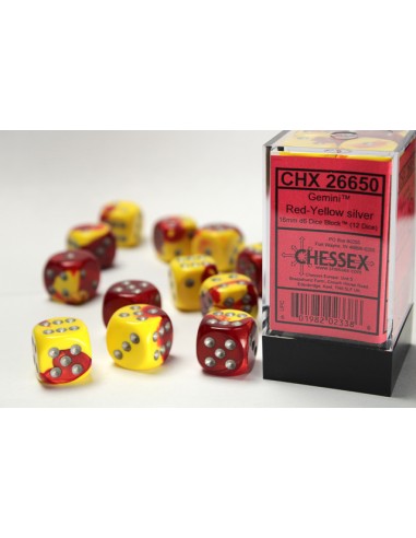 Chessex 16mm d6 with pips Dice Blocks (12 Dice) - Gemini Red-Yellow/silver