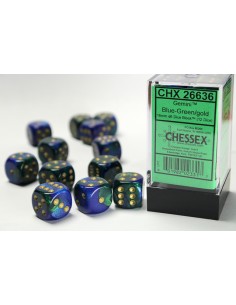 Chessex 16mm d6 Dice Blocks with Pips (12 Dados) - Gemini Blue-Green/gold