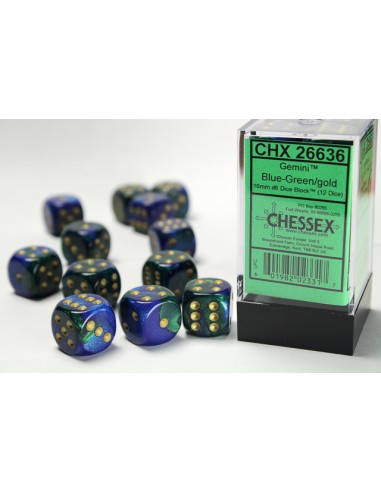 Chessex 16mm d6 with pips Dice Blocks (12 Dice) - Gemini Blue-Green/gold