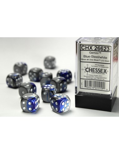 Chessex 16mm d6 Dice Blocks with Pips (12 Dados) - Gemini Blue-Steel/white