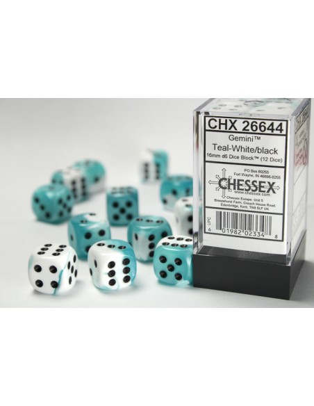 Chessex 16mm d6 with pips Dice Blocks (12 Dice) - Gemini Teal-White/black