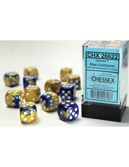 Chessex 16mm d6 Dice Blocks with Pips (12 Dados) - Gemini Blue-Gold/white