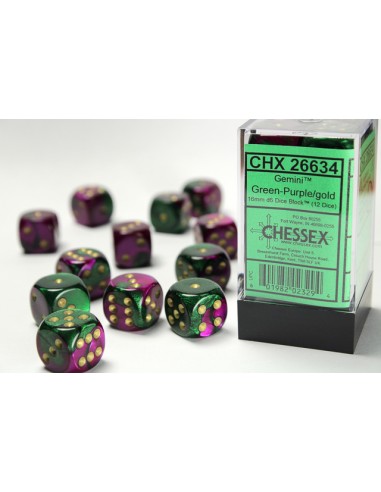 Chessex 16mm d6 Dice Blocks with Pips (12 Dados) - Gemini Green-Purple/gold