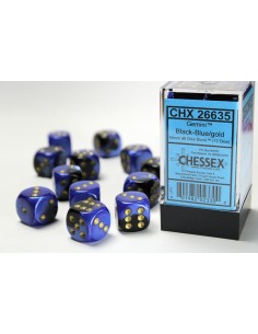 Chessex 16mm d6 Dice Blocks with Pips (12 Dados) - Gemini Black-Blue/gold