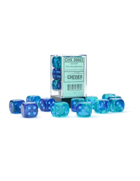 Chessex 16mm d6 with pips Dice Blocks (12 Dice) - Gemini Blue-Blue/light blue Luminary