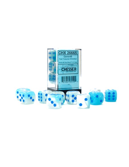 Chessex 16mm d6 with pips Dice Blocks (12 Dice) - Gemini Pearl Turquoise-White/blue Luminary