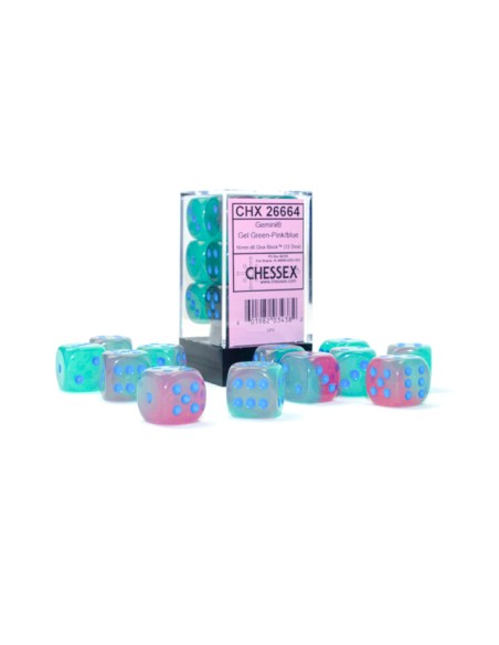 Chessex 16mm d6 with pips Dice Blocks (12 Dice) - Gemini Gel Green-Pink/blue Luminary