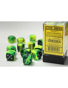 Chessex 16mm d6 with pips Dice Blocks (12 Dice) - Gemini Green-Yellow/silver