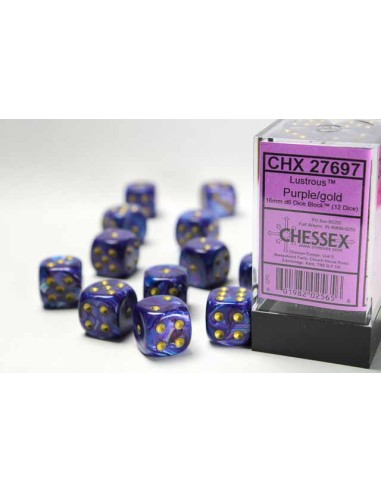 Chessex 16mm d6 with pips Dice Blocks (12 Dice) - Lustrous Purple/gold