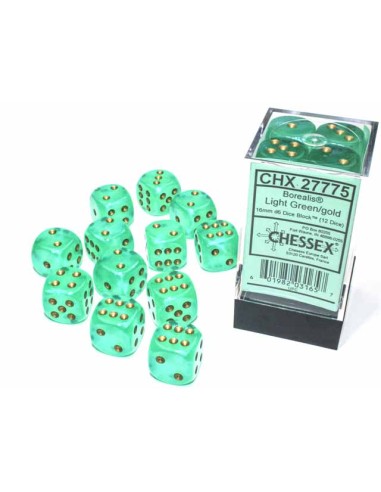Chessex 16mm d6 with pips Dice Blocks (12 Dice) -  Borealis Light Green/gold Luminary