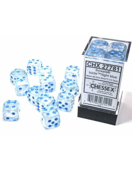 Chessex 16mm d6 Dice Blocks with Pips (12 Dados) -  Borealis Icicle/light blue Luminary