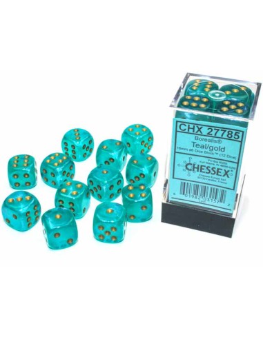 Chessex 16mm d6 Dice Blocks with Pips (12 Dados) -  Borealis Teal/gold Luminary