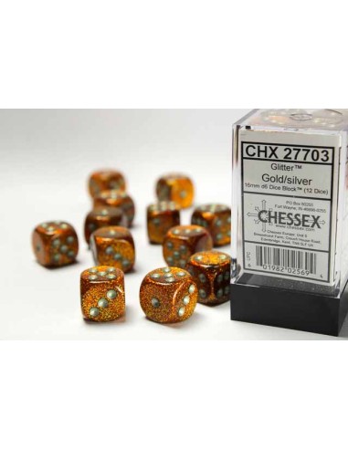 Chessex 16mm d6 Dice Blocks with Pips (12 Dados) - Glitter Gold/silver