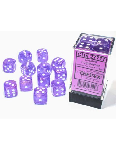 Chessex 16mm d6 with pips Dice Blocks (12 Dice) - Borealis Purple/white Luminary