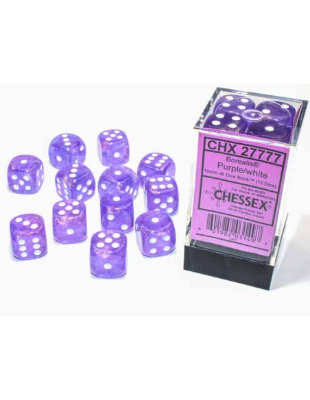 Chessex 16mm d6 Dice Blocks with Pips (12 Dados) - Borealis Purple/white Luminary