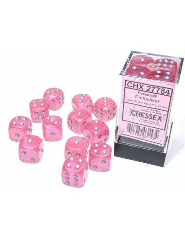 Chessex 16mm d6 with pips Dice Blocks (12 Dice) - Borealis Pink/silver Luminary