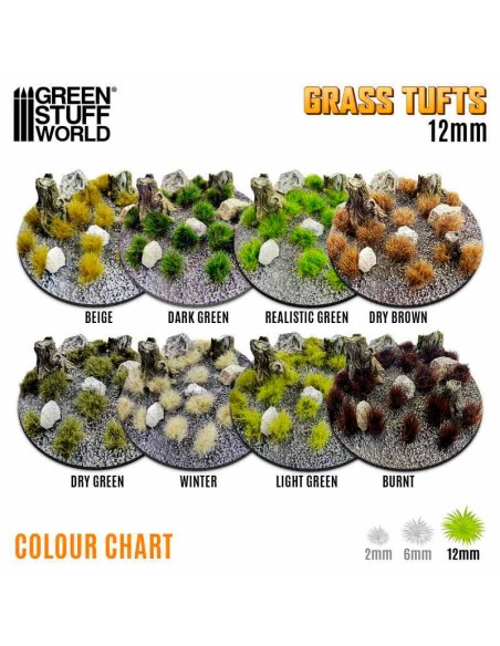 Green Stuff World - Grass TUFTS - 12mm self-adhesive - DRY GREEN