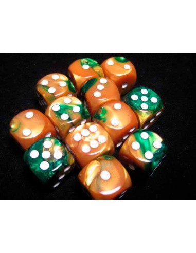 Chessex 16mm d6 with pips Dice Blocks (12 Dice) - Gemini Gold-Green/White